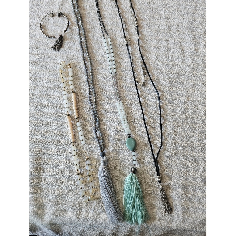 Tassle Necklaces Lot‎ Of 4 Plus One Tassle Bracelet. Beads And Stones